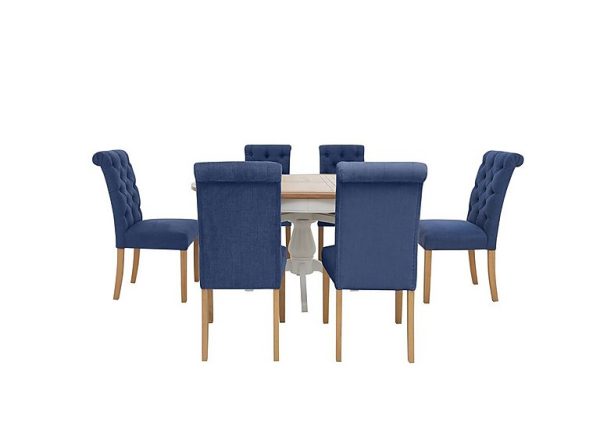 Furnitureland Hamilton Round Extending Dining Table and 6 Button Back Chairs Denim