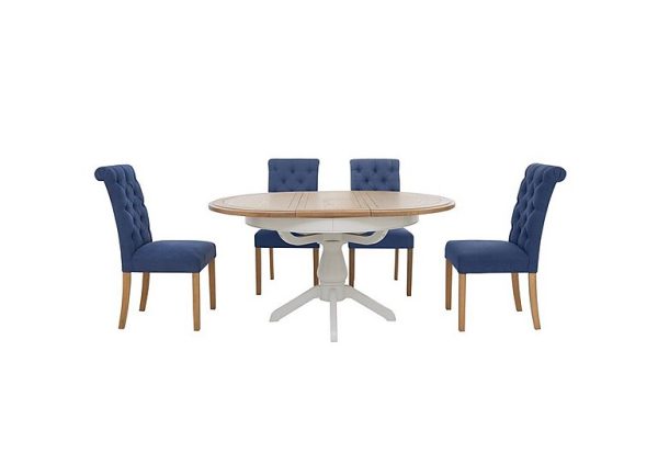 Furnitureland Hamilton Round Extending Dining Table and 4 Button Back Chairs Denim