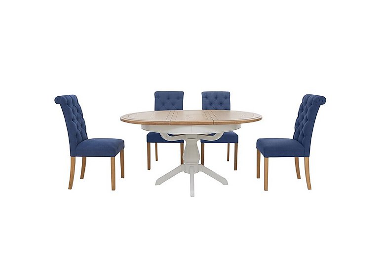 Furnitureland Hamilton Round Extending Dining Table and 4 Button Back Chairs Denim