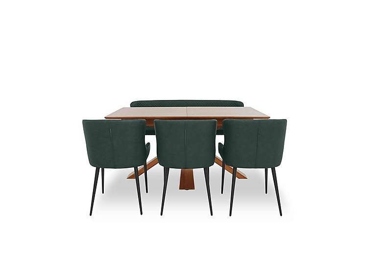 Hanoi Extending Dining Table with Wooden Base and 3 Faux Leather Chairs and a Bench Bottle Green