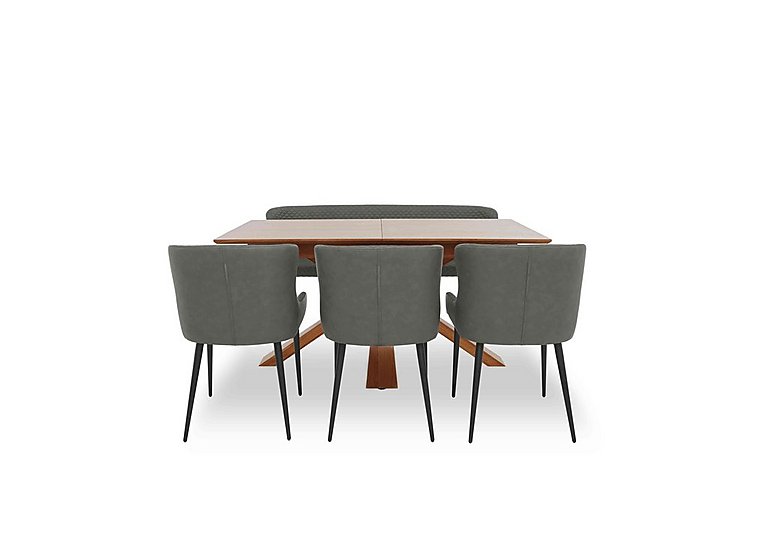 Hanoi Extending Dining Table with Wooden Base and 3 Faux Leather Chairs and a Bench Slate Grey