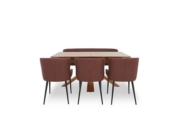 Hanoi Extending Dining Table with Wooden Base and 3 Faux Leather Chairs and a Bench Tan