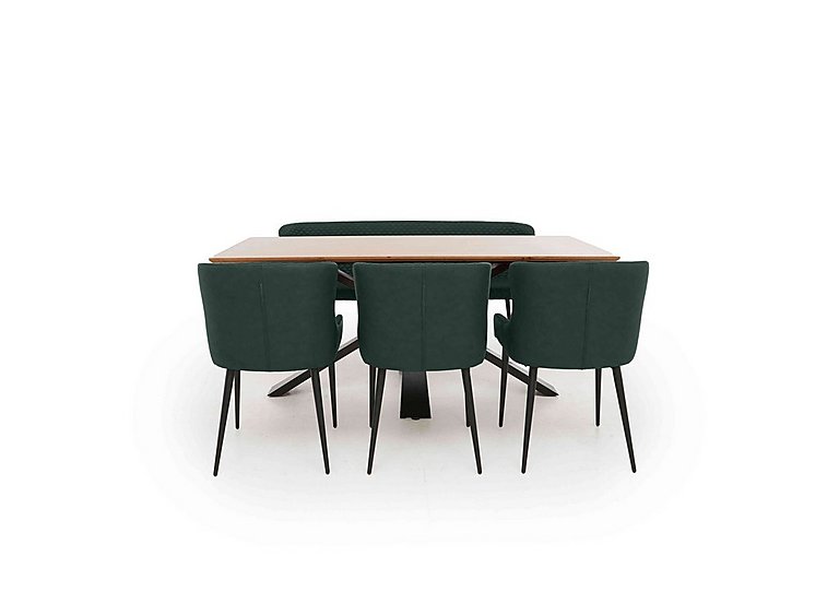 Hanoi Fixed Dining Table with Metal Base and 3 Faux Leather Chairs and a Bench Bottle Green