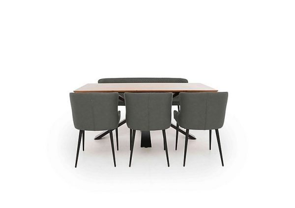 Hanoi Fixed Dining Table with Metal Base and 3 Faux Leather Chairs and a Bench Slate Grey