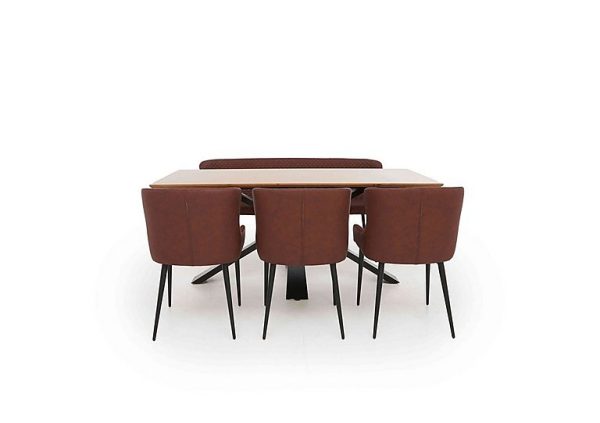 Hanoi Fixed Dining Table with Metal Base and 3 Faux Leather Chairs and a Bench Tan