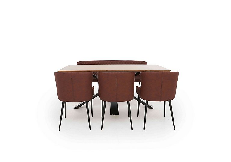 Hanoi Fixed Dining Table with Metal Base and 3 Faux Leather Chairs and a Bench Tan