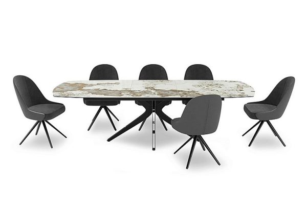 Jose Large Calcatta Marble Pop up Extending Dining Table with 6 Swivel Chairs   Anthracite