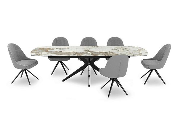 Jose Large Calcatta Marble Pop up Extending Dining Table with 6 Swivel Chairs Stone