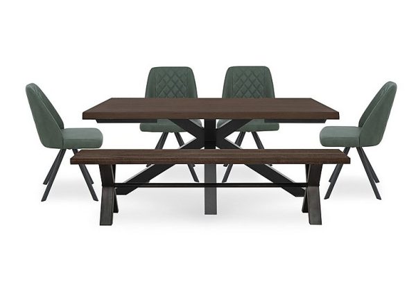 Mars Large Live Edge Dining Table with 180cm Bench and 4 Faux Leather Swivel Chairs Green