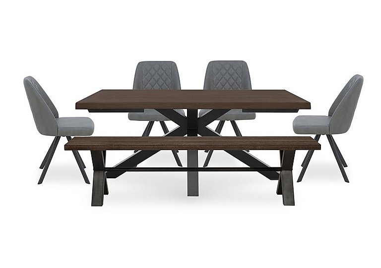 Mars Large Live Edge Dining Table with 180cm Bench and 4 Faux Leather Swivel Chairs Grey