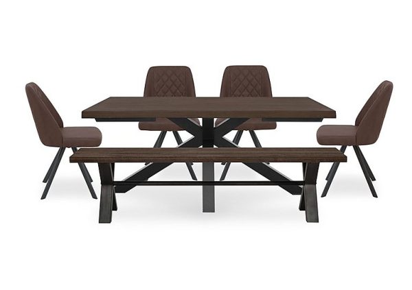 Mars Large Live Edge Dining Table with 180cm Bench and 4 Faux Leather Swivel Chairs