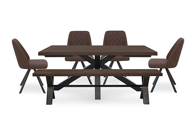 Mars Large Live Edge Dining Table with 180cm Bench and 4 Faux Leather Swivel Chairs