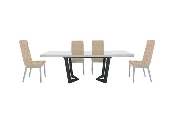 Palazzo 200cm Extending Dining Table in Glossy White with 4 Capitonne Buttoned Chairs Aquos Cream