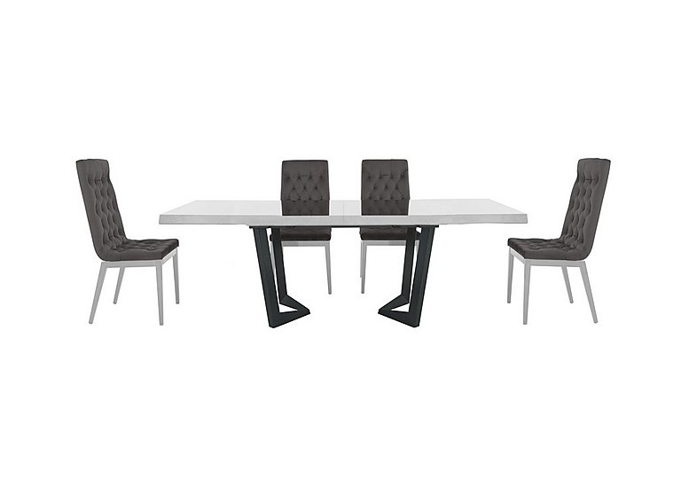 Palazzo 200cm Extending Dining Table in Glossy White with 4 Capitonne Buttoned Chairs Aquos Dark Grey