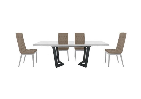 Palazzo 200cm Extending Dining Table in Glossy White with 4 Capitonne Buttoned Chairs Aquos Taupe