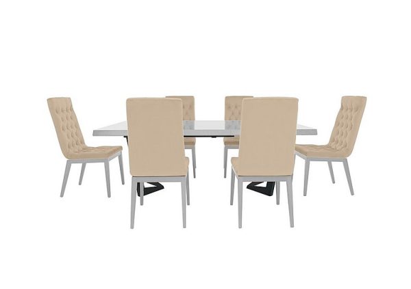 Palazzo 200cm Extending Dining Table in Glossy White with 6 Capitonne Buttoned Chairs Aquos Cream