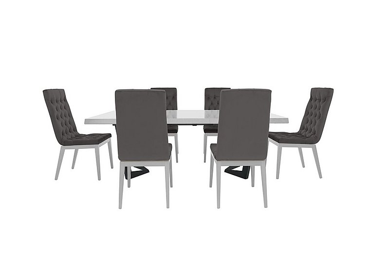 Palazzo 200cm Extending Dining Table in Glossy White with 6 Capitonne Buttoned Chairs Aquos Dark Grey