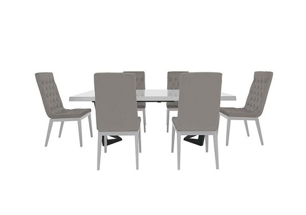 Palazzo 200cm Extending Dining Table in Glossy White with 6 Capitonne Buttoned Chairs Scarlet Silver