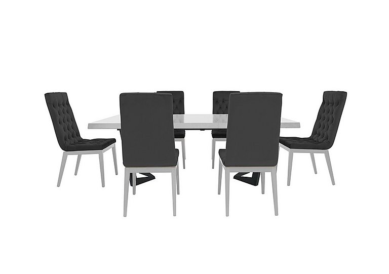 Palazzo 200cm Extending Dining Table in Glossy White with 6 Capitonne Buttoned Chairs Scarlet Dark Grey