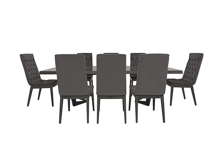 Palazzo 160cm Extending Dining Table in Silver Birch with 8 Capitonne Buttoned Chairs Aquos Dark Grey