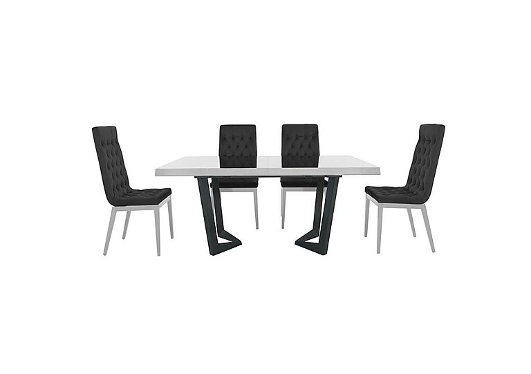 Palazzo 160cm Extending Dining Table in Glossy White with 4 Capitonne Buttoned Chairs Aquos Dark Grey