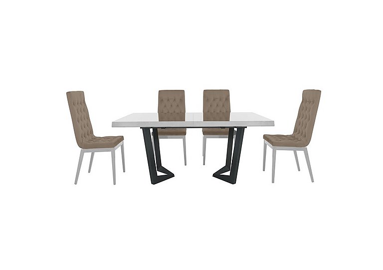 Palazzo 160cm Extending Dining Table in Glossy White with 4 Capitonne Buttoned Chairs Aquos Taupe