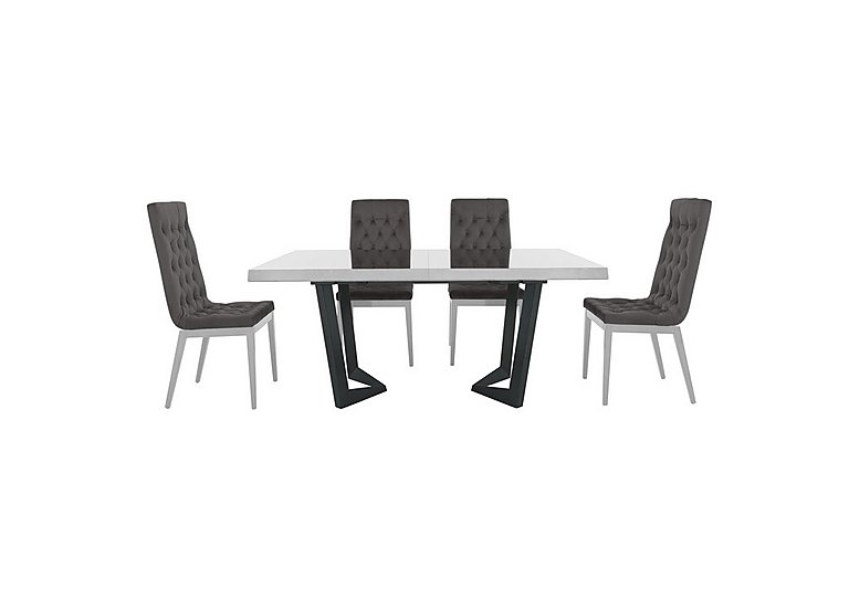 Palazzo 160cm Extending Dining Table in Glossy White with 4 Capitonne Buttoned Chairs Scarlet Dark Grey