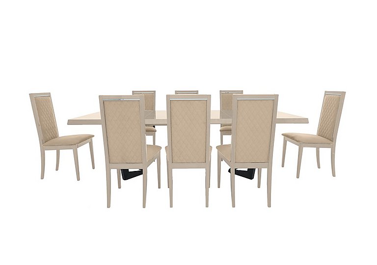 Palazzo 160cm Extending Dining Table in Sand Birch with 8 Rombi Chairs Aquos Cream