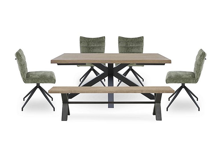 Saturn Large Live Edge Dining Table with a Bench and 4 Swivel Chairs Green