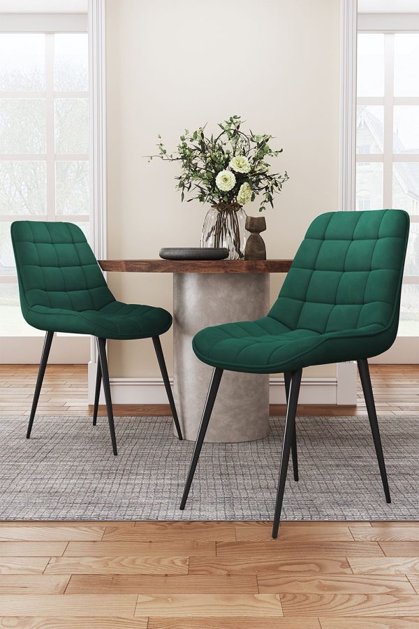 2 Pcs Green Velvet Grid Upholstered Dining Chairs with Metal Legs