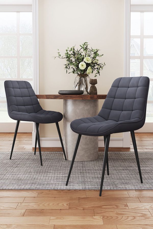 2 Pcs Grey Velvet Grid Upholstered Dining Chairs with Metal Legs