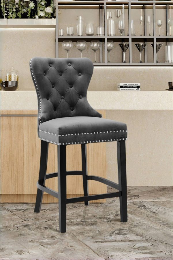 Velvet Upholstered Button Dining Chair Tufted Nailhead with Rubber Wooden Legs Bar Stools for Kitchen Counter