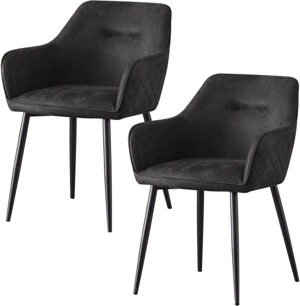 Elegant Black Faux Suede Dining Chairs With Matte Metal Legs Set of 2