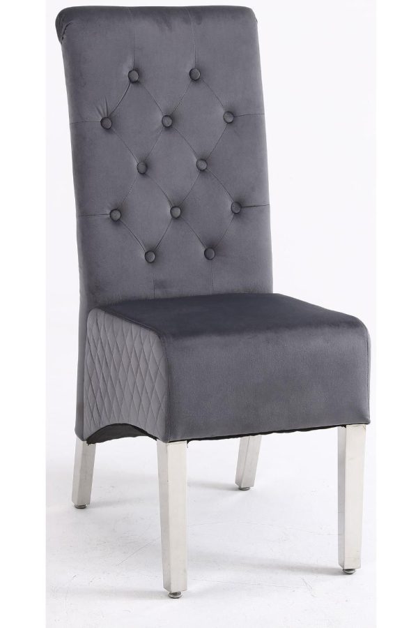 A Pair x2 Velvet Tufted High Back Dining Chairs with Chrome Legs