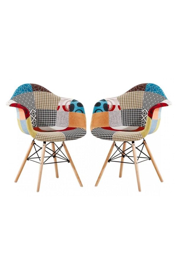 Set of 2 Patchwork Tub Fabric Dining Chairs Upholstered Armchair Dining Room Metal Frame Multicolored