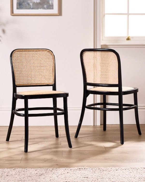 Set of 2 Traditional Style Noir Rattan Indoor Furniture Dining Chairs