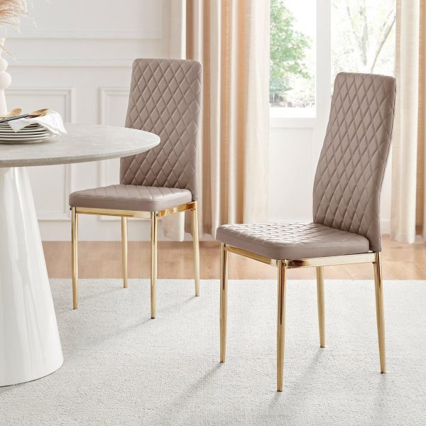 Set of 6 Milan High Back Soft Touch Diamond Pattern Faux Leather Dining Chairs With Gold Chrome Metal Legs