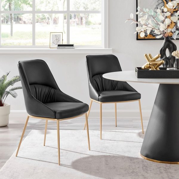 Modern Black Faux Leather Dining Chairs With Gold Metal Legs Set Of 2