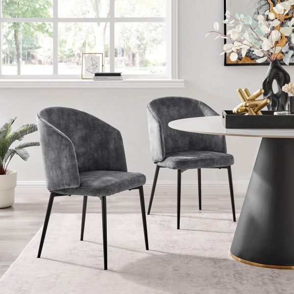 Grey Velvet Dining Chair With Curved Back Black Legs Set Of 2