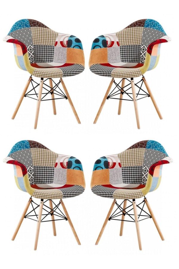 Set of 4 Patchwork Tub Fabric Dining Chairs Upholstered Armchair Dining Room Metal Frame Multicolored