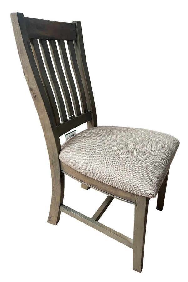 Pair Of Reclaimed Pine Dining Chairs With Padded Fabric Seat