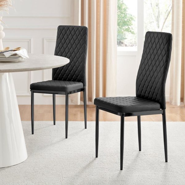 Set of 4 Milan High Back Soft Touch Diamond Pattern Faux Leather Dining Chairs With Black Powder Coated Metal Legs