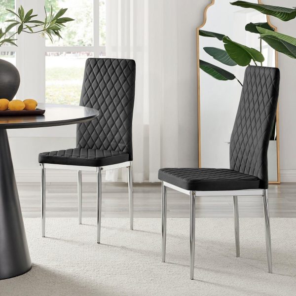 Set of 4 Milan High Back Soft Touch Diamond Pattern Velvet Dining Chairs With Silver Chrome Metal Legs