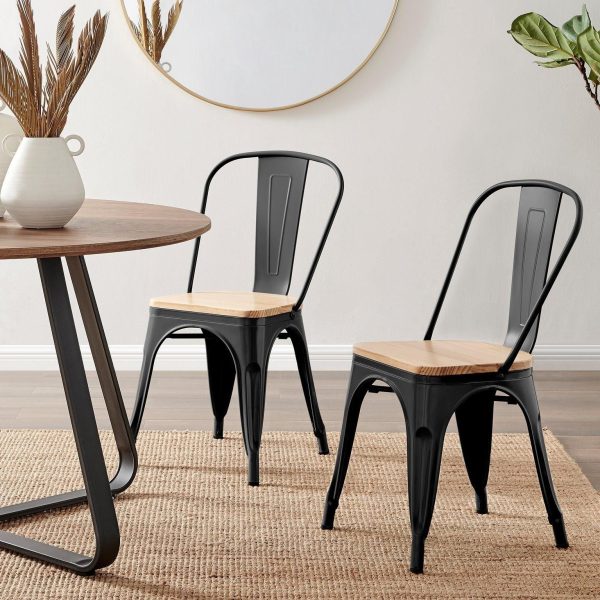 Set of 2 Colton Industrial Steel Stackable Tolix Style Dining Chairs With Pine Seats