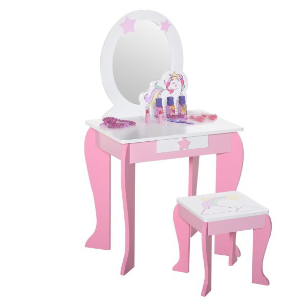 Kids Dressing Table Girls Vanity Set with Mirror and Stool Unicorn