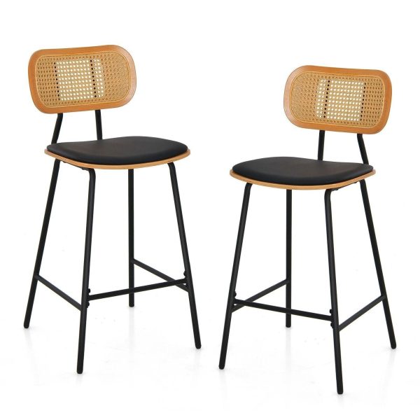 Set of 2 Bar Stools Dining Counter Height Chair Padded Seat With Rattan Backrest