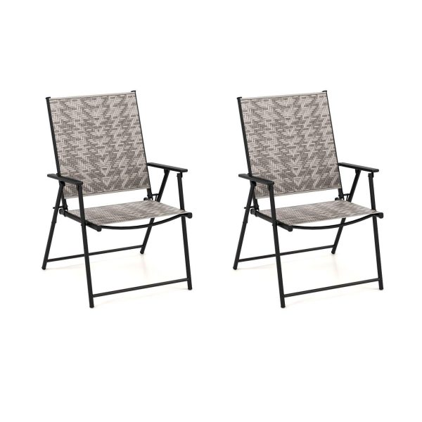 Set of 2 Patio Folding Chairs Outdoor Wicker Dining Chairs with Armrests