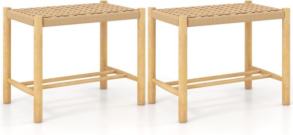 Dining Stool Set of 2 Cozy Saddle Seat Woven Paper Seat Rubber Wood