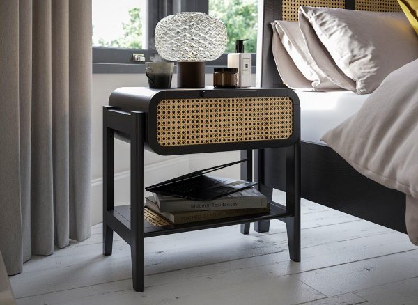 Calder Wooden Rattan Bedside Table   Black