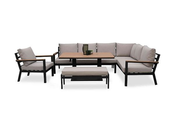 Bloom Right Hand Facing Corner Sofa Set with Rectangular Rising Dining Table Armchair and Stool